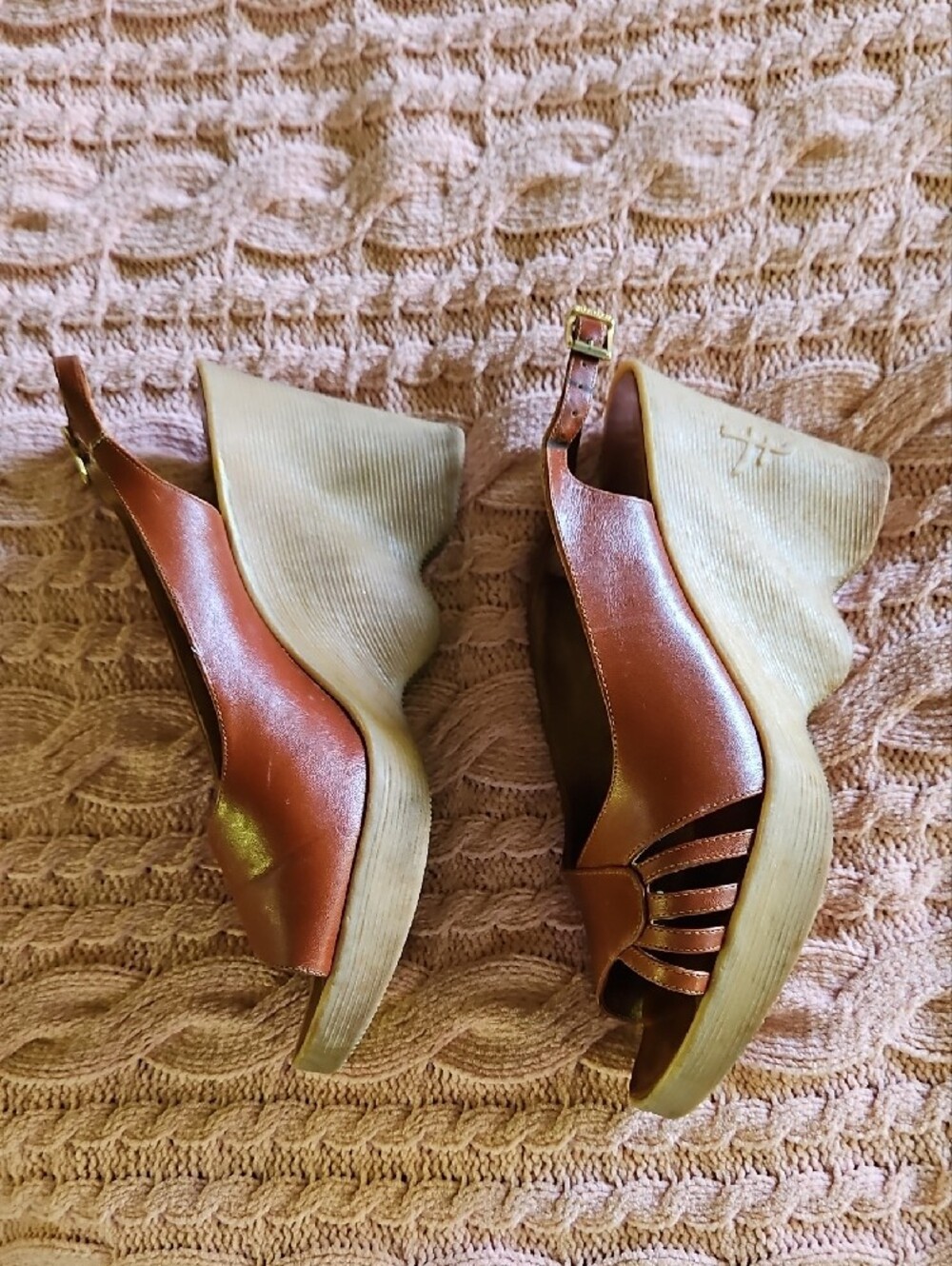 Famolare 70's Vintage Hi Up Women's Brown Leather Slingback Sandals 2/ 7.5 To 8 - Picture 3 of 17